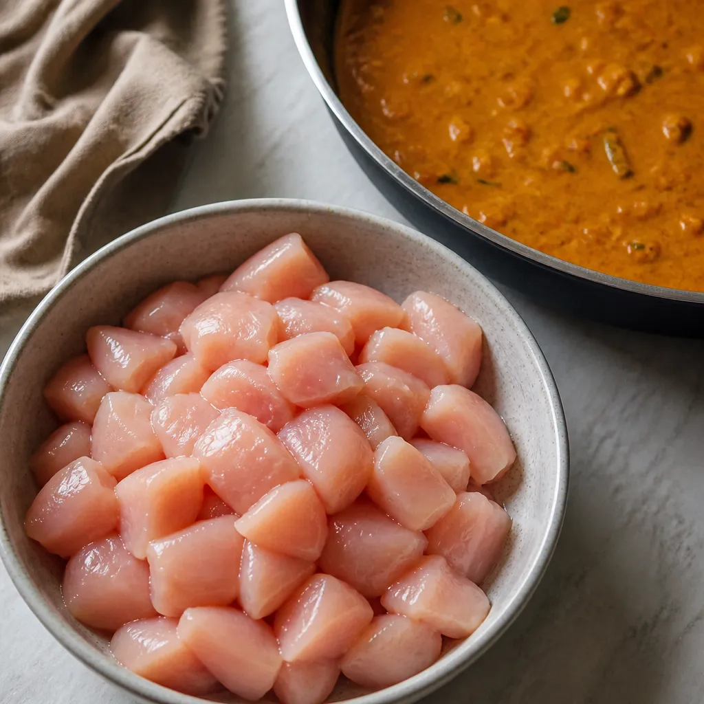Diced raw chicken being weighed for a curry