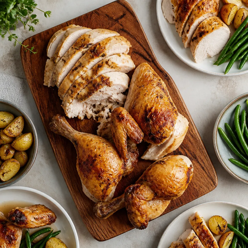 Carved roast chicken portioned into servings