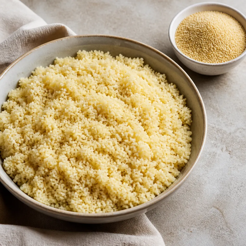 Cooked couscous with a portion of dry couscous alongside