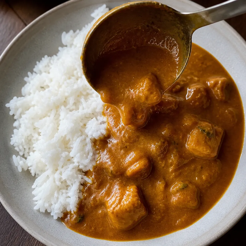 Curry sauce ladled over rice on a plate