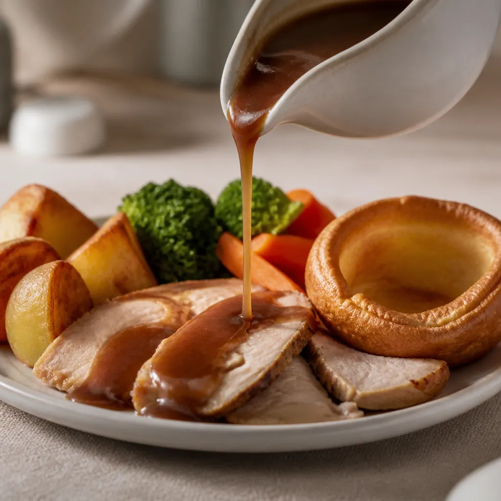 Gravy poured over a roast dinner