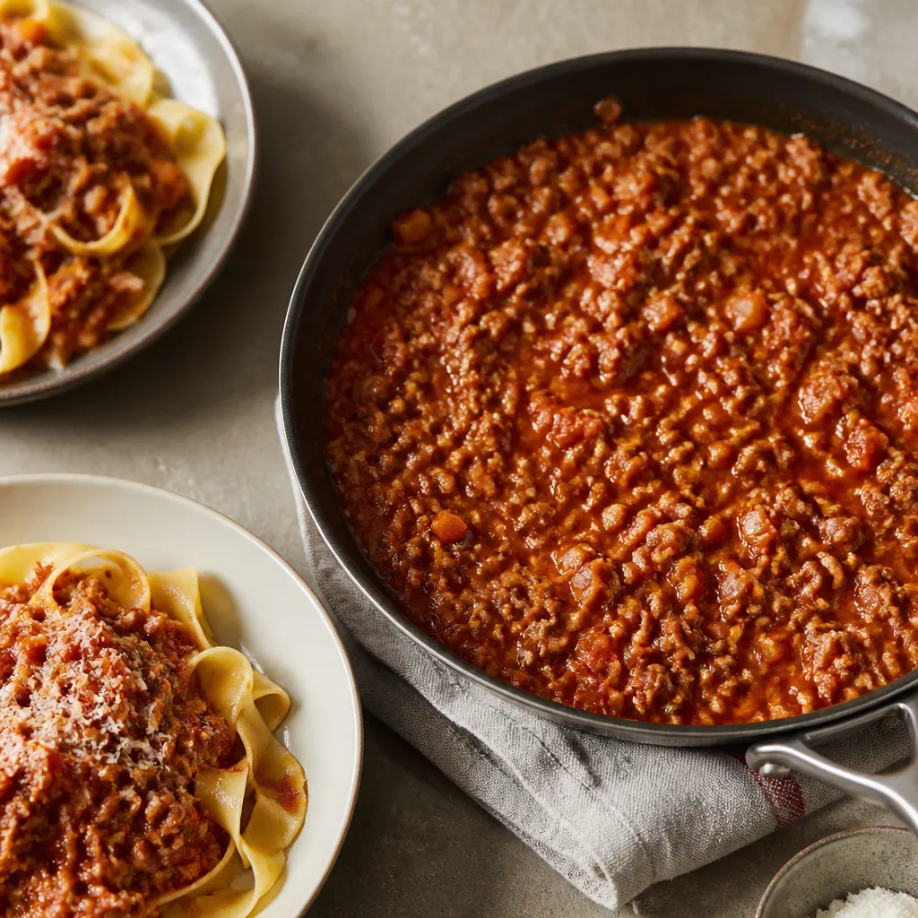 Pan of bolognese with plated portions