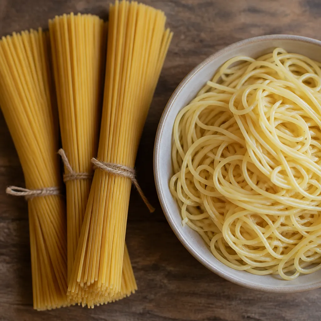 Dry pasta being weighed on kitchen scales