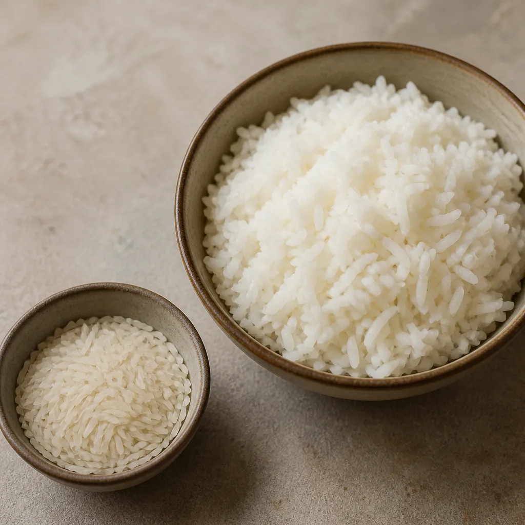 Portion of dry rice being weighed on scales