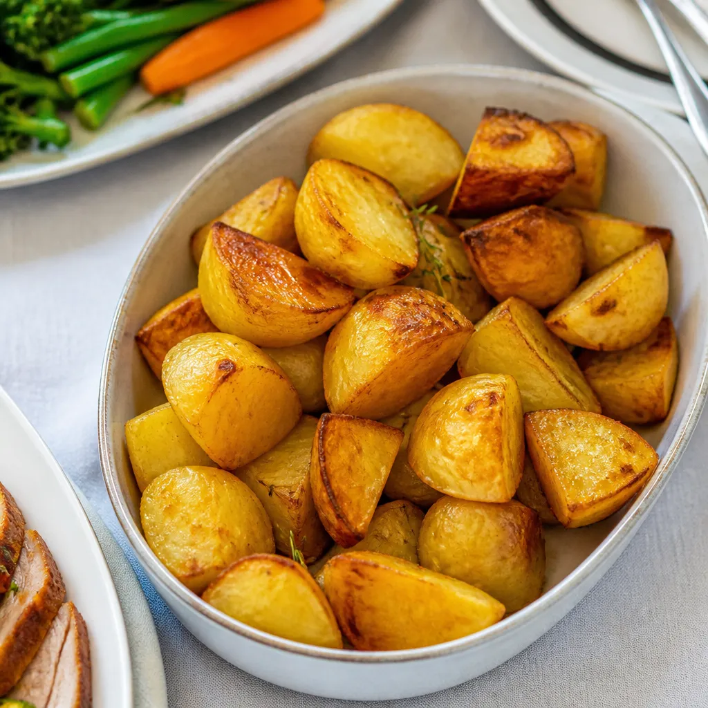 Serving dish of golden roast potatoes