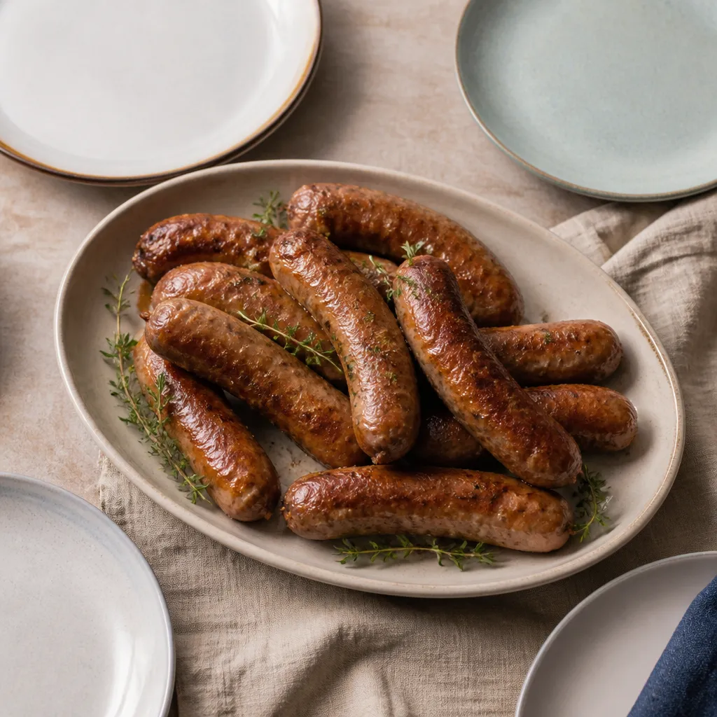 Platter of cooked sausages ready to serve