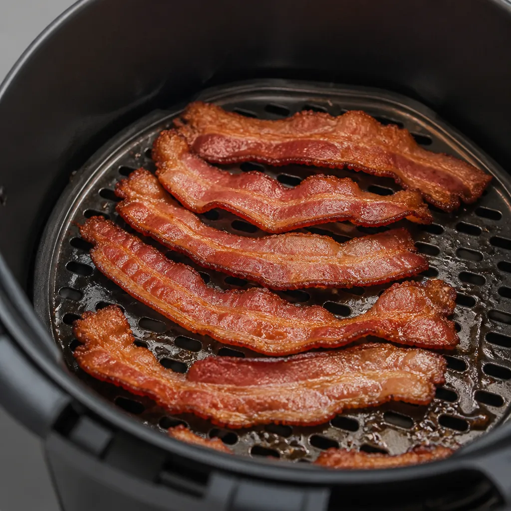Crispy bacon in an air fryer basket