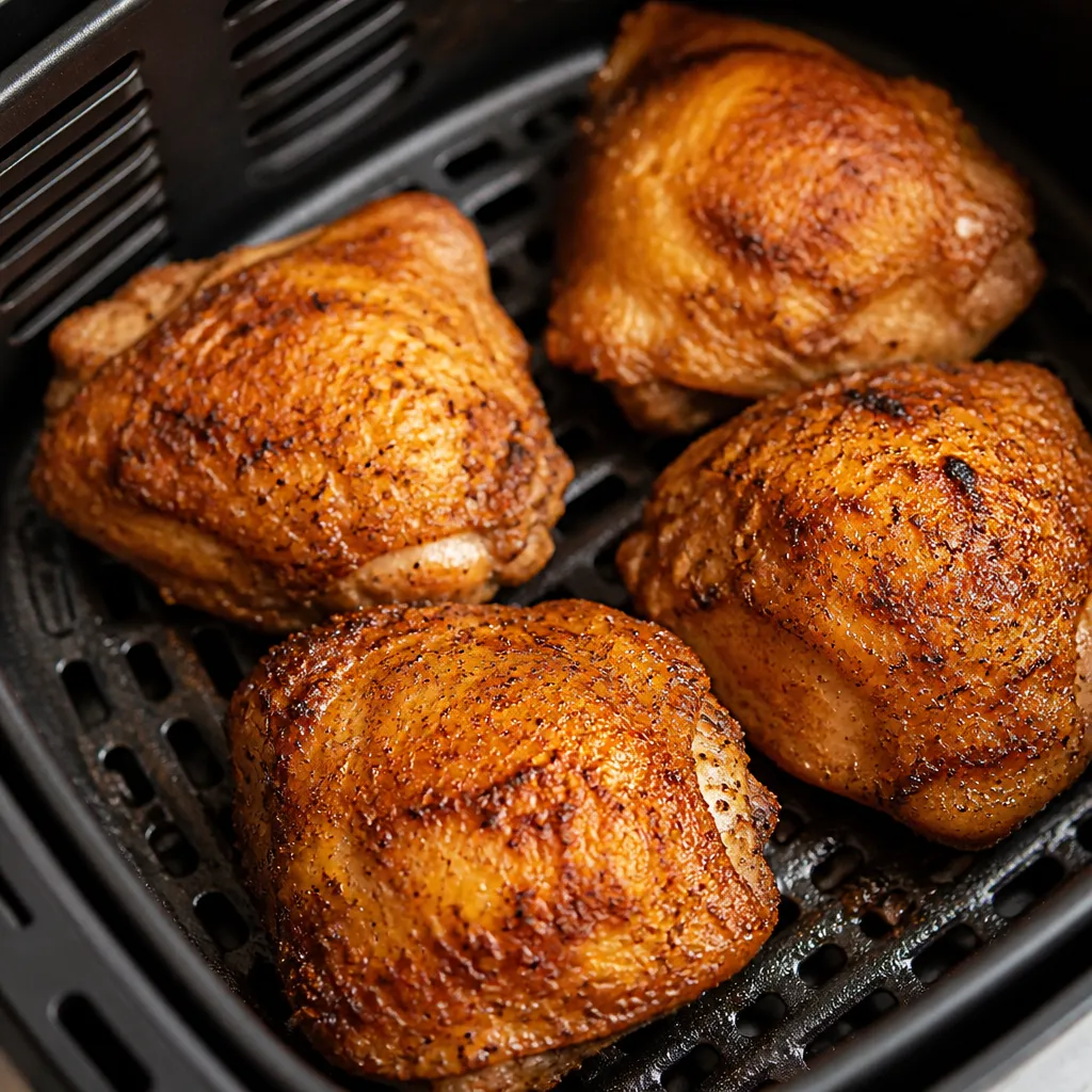 Cooked chicken thighs in an air fryer basket