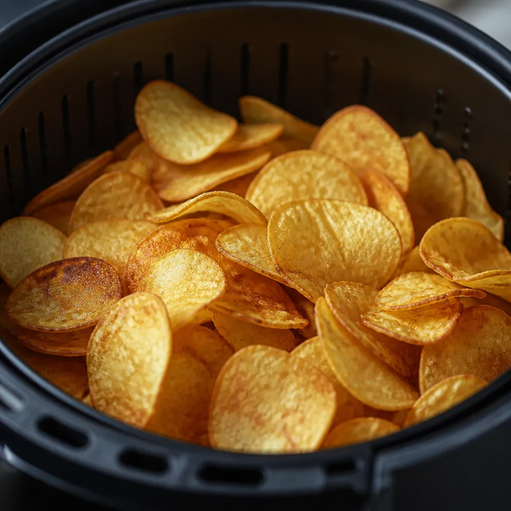 Golden chips in an air fryer basket