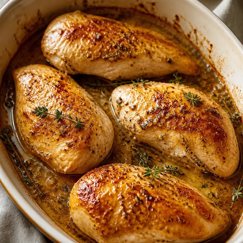 Baked chicken breasts in an oven dish