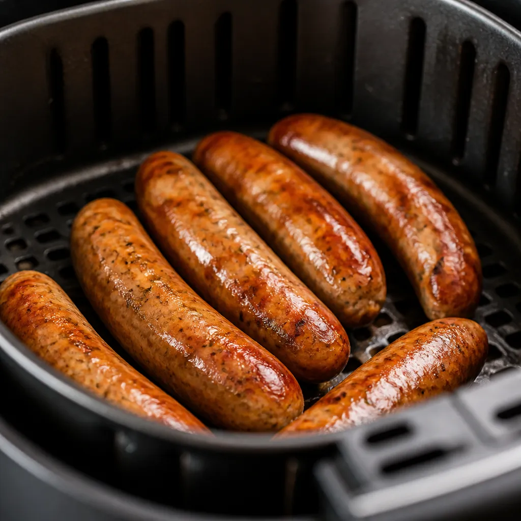 Browned sausages in an air fryer basket