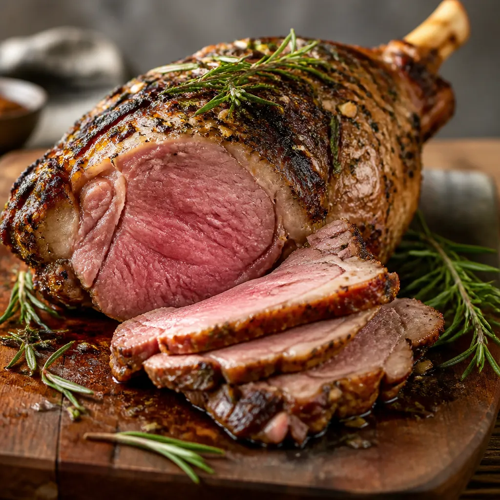 Carved roast leg of lamb with rosemary