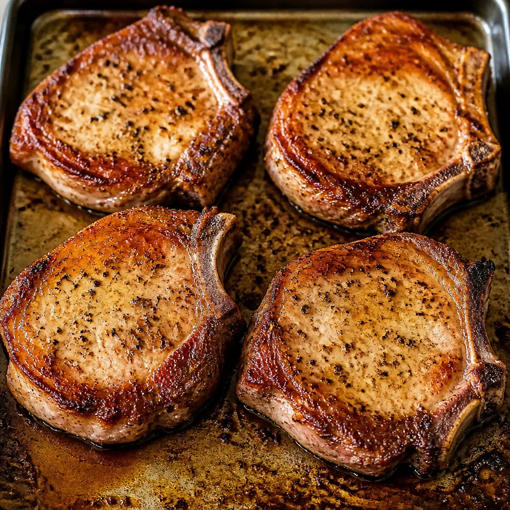 Oven-baked pork chops on a tray