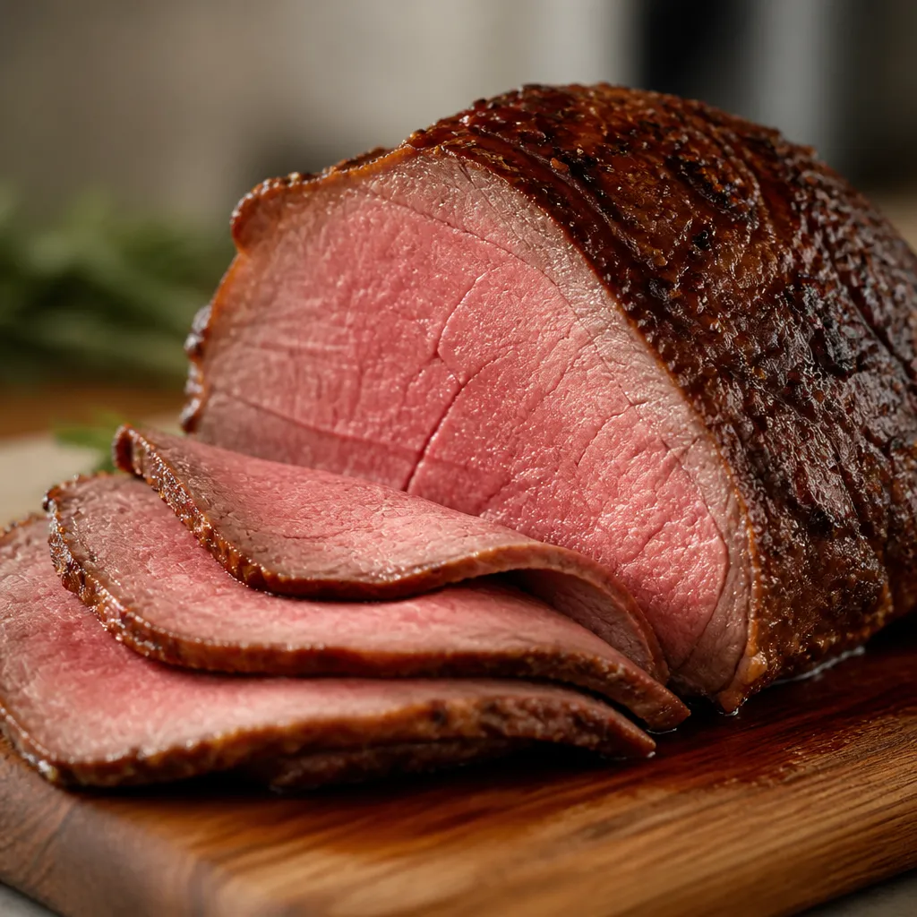 Sliced roast beef with a pink centre