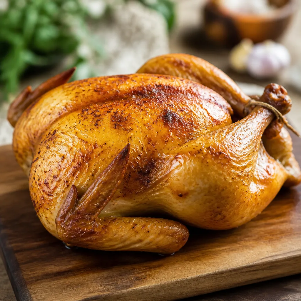 Whole golden roast chicken on a board