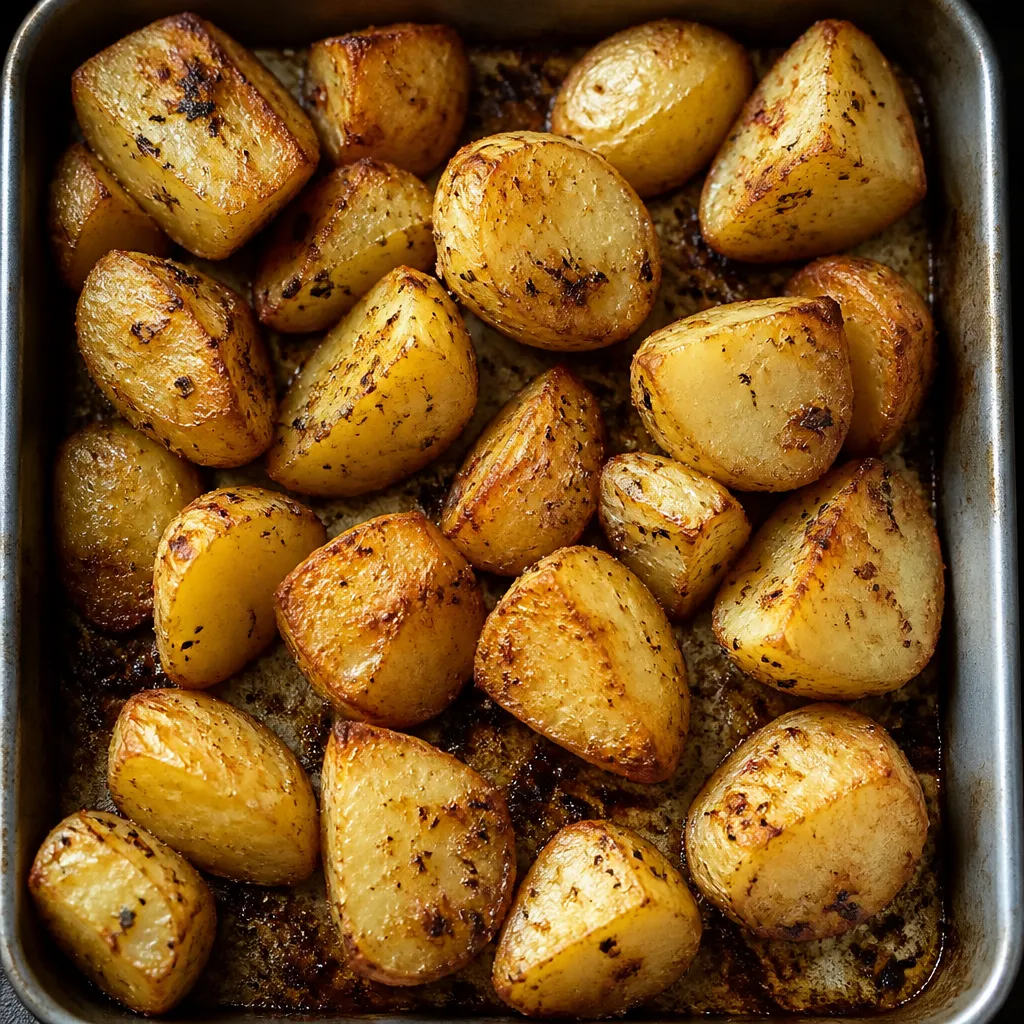Tray of golden crispy roast potatoes