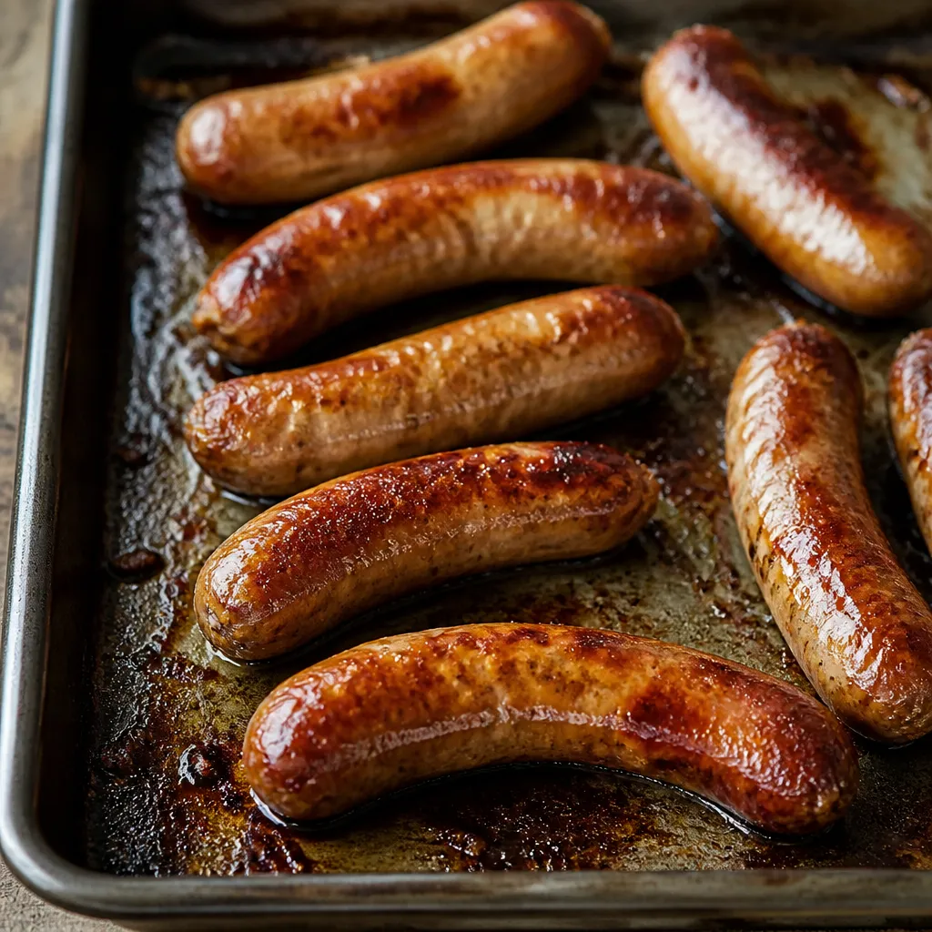 Oven-browned sausages on a baking tray