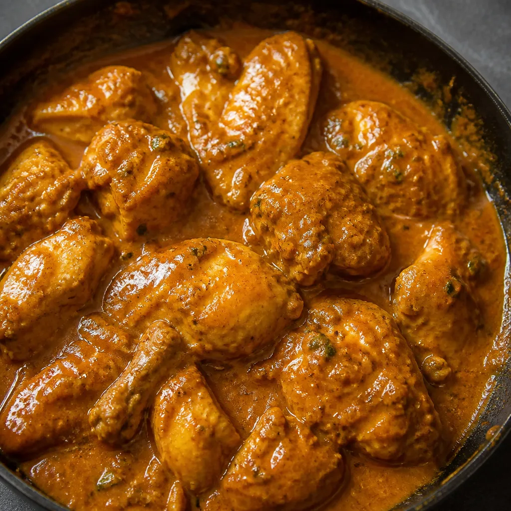 A pan of curry being simmered to reduce the sauce