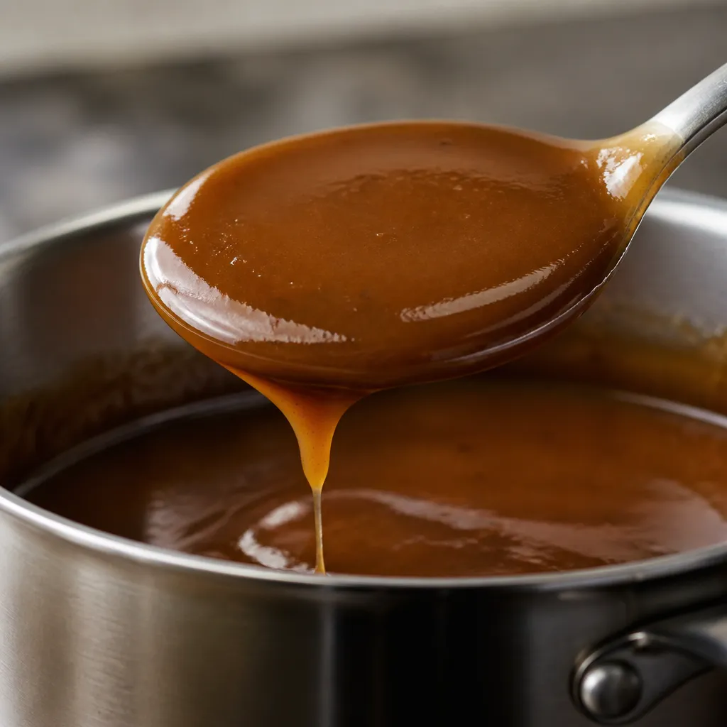 Thick gravy coating the back of a spoon