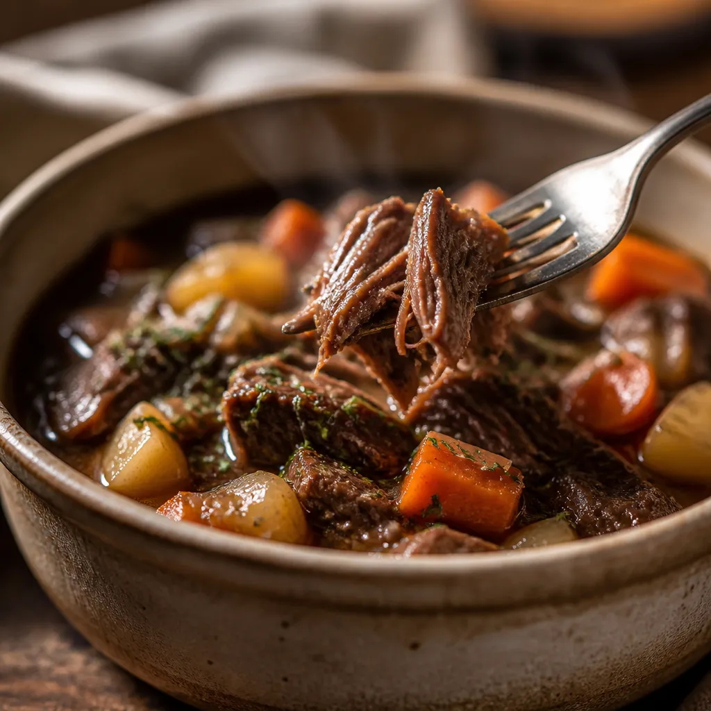 Tender beef stew falling apart on a fork