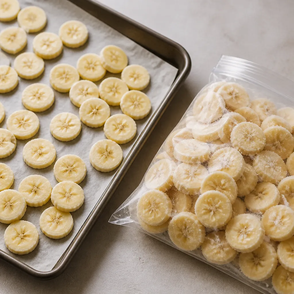 Banana slices on a tray ready for freezing