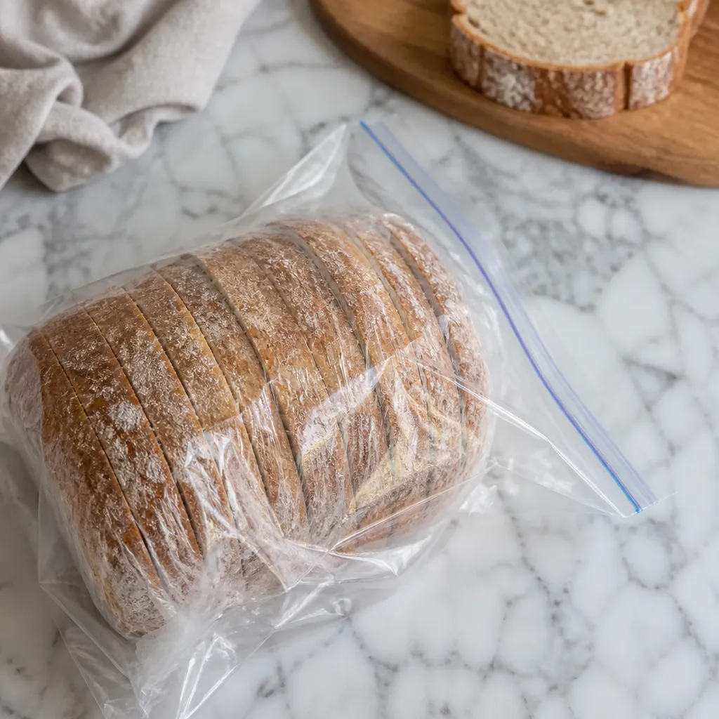 Sliced bread wrapped for freezing