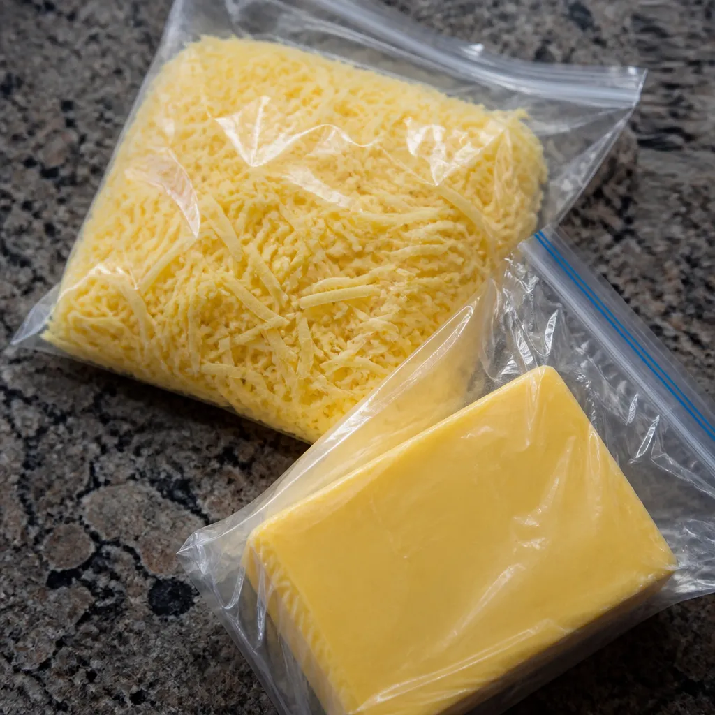 Grated and block cheese bagged for freezing