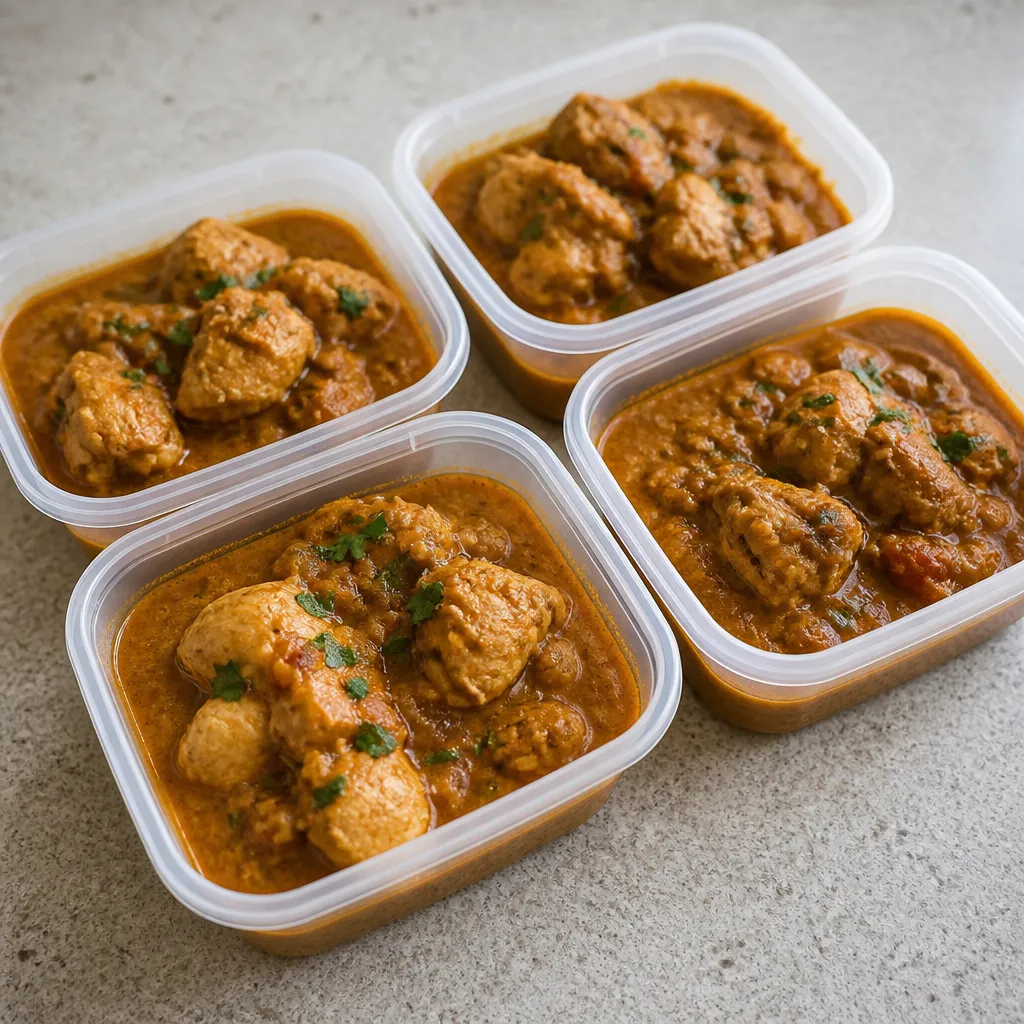 Chicken curry portioned into a freezer container