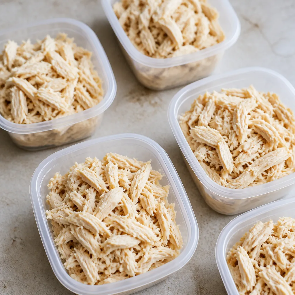 Cooked chicken portioned into freezer containers