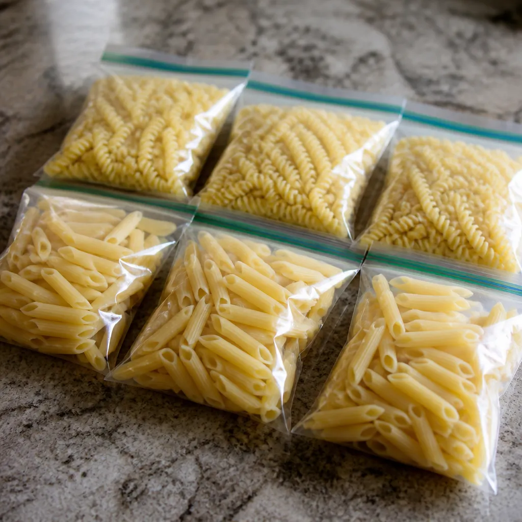 Cooked pasta portioned into freezer bags