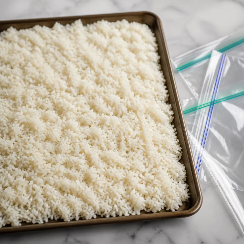 Cooked rice portioned into freezer containers