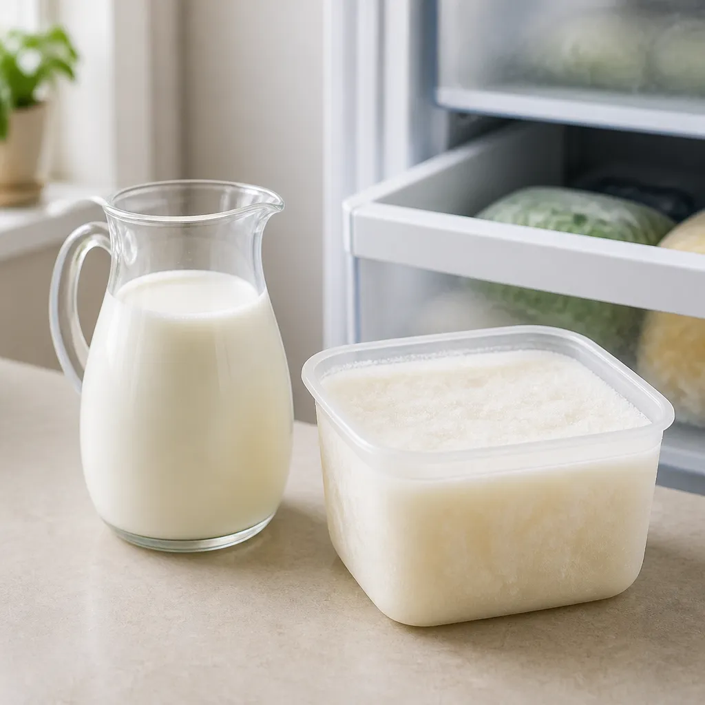 Milk decanted for freezing beside a freezer drawer
