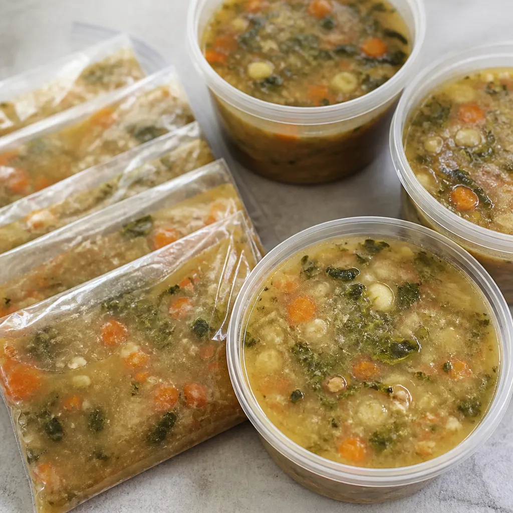 Soup portioned into freezer bags and tubs