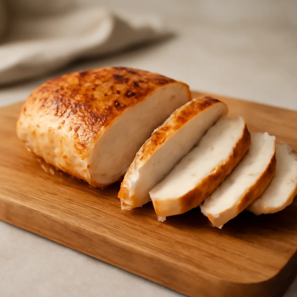 Juicy sliced cooked chicken breast on a wooden board