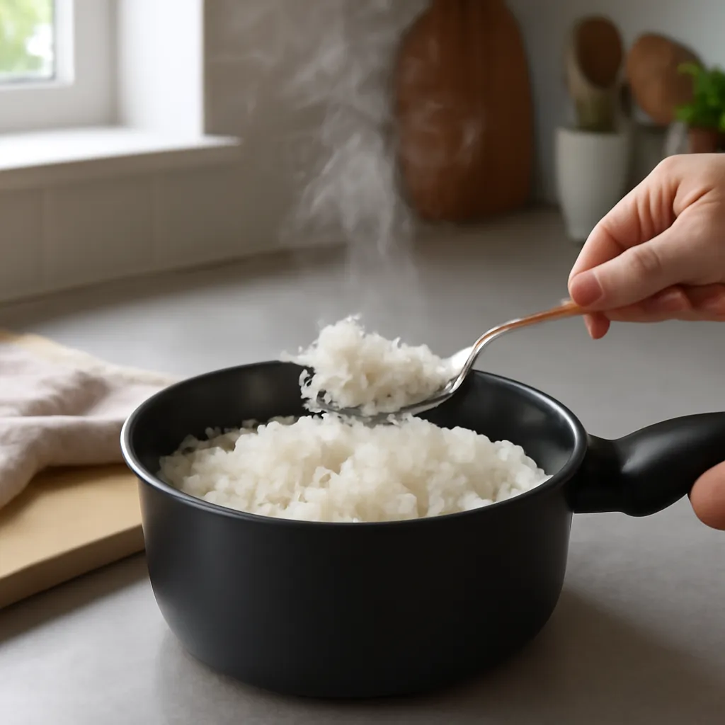 Fluffy cooked basmati rice being lifted with a spoon from a pan