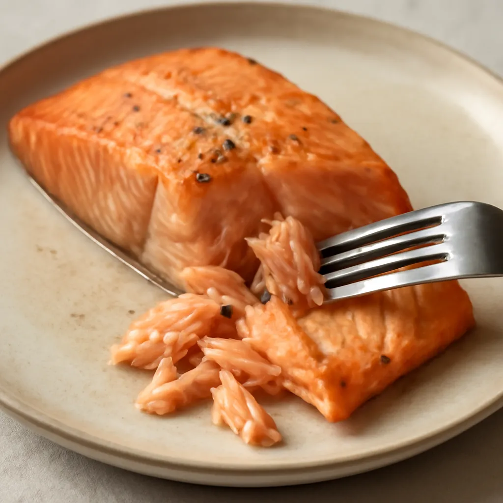 A moist salmon fillet being flaked with a fork on a plate
