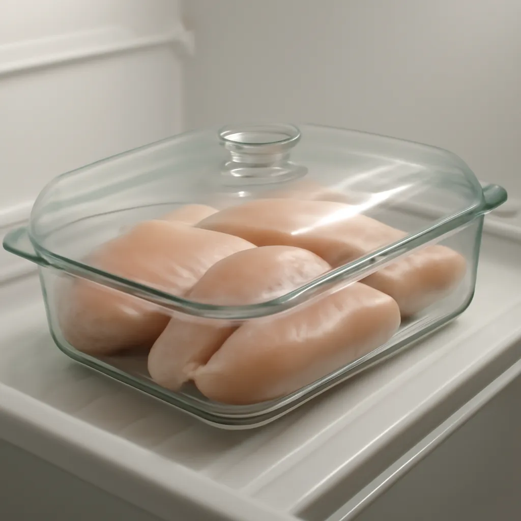 Raw chicken thawing in a covered dish on a fridge shelf