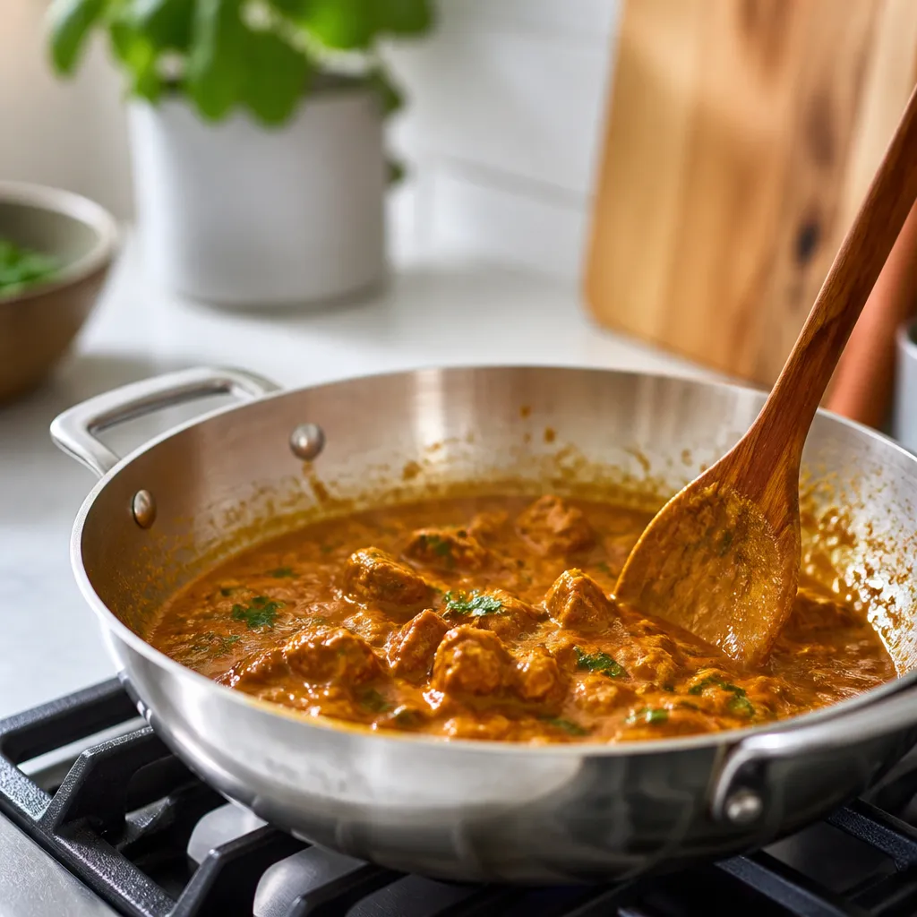 A pan of curry being stirred to thicken the sauce