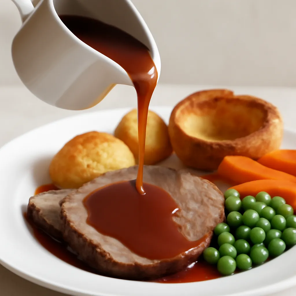 Smooth gravy being poured from a jug over a roast dinner