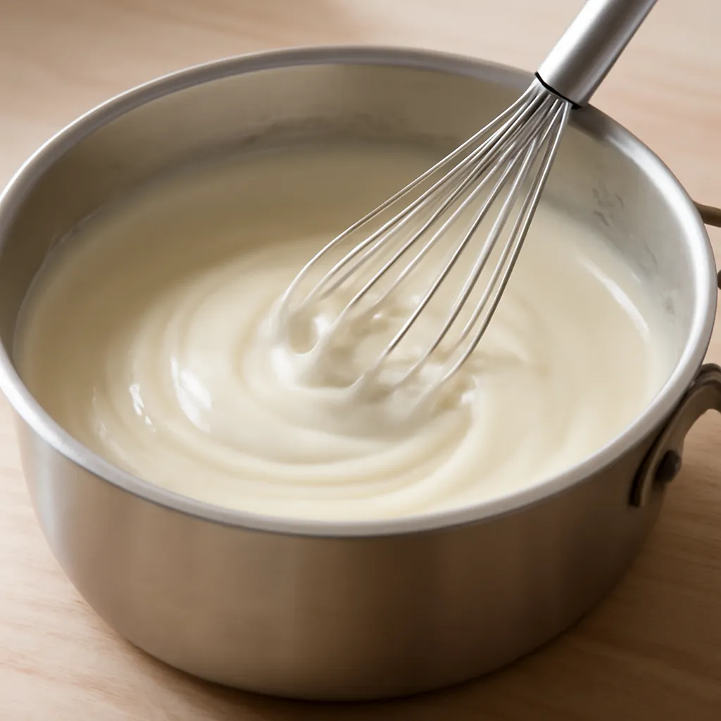 A smooth, glossy creamy sauce being whisked in a saucepan