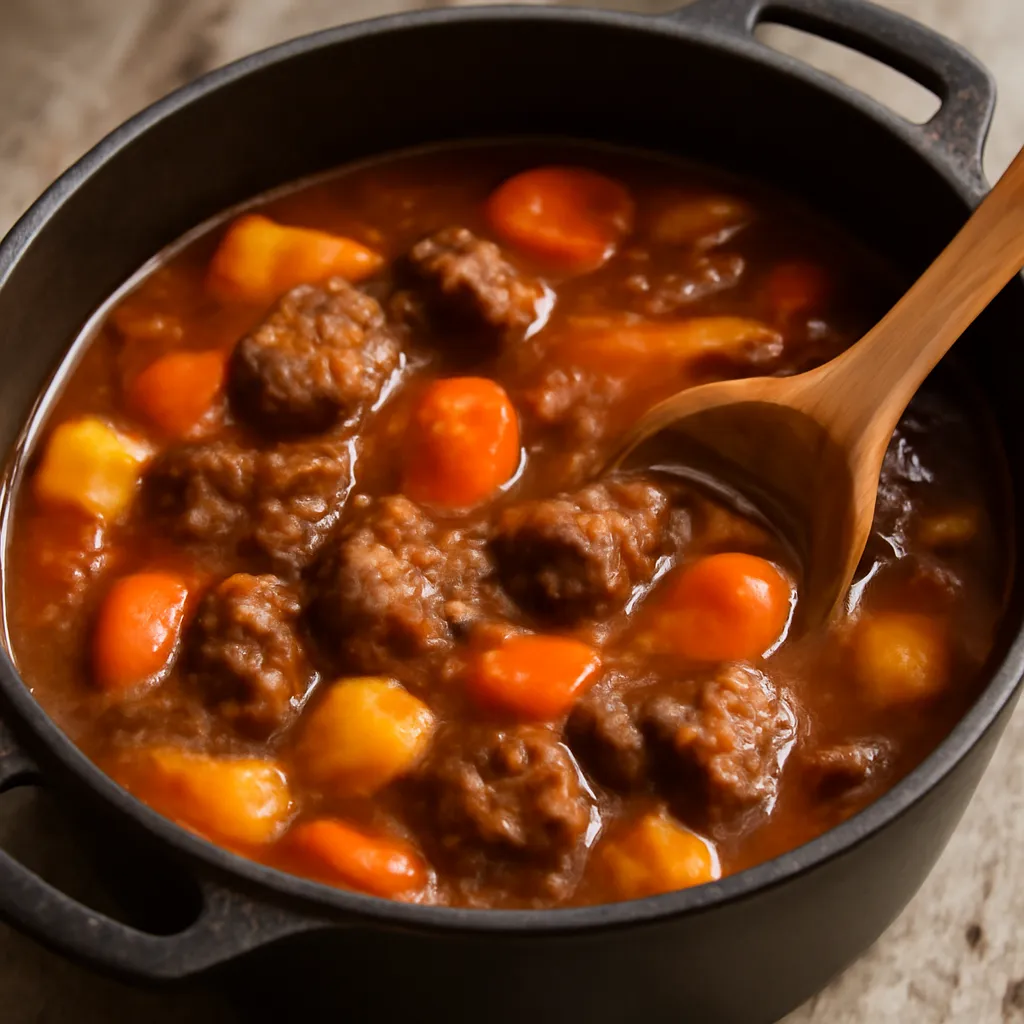 A thick beef and vegetable stew being stirred in a pot
