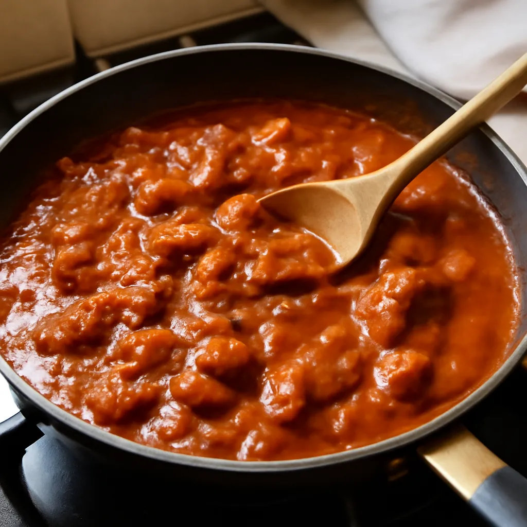 A pan of thick, glossy curry being stirred with a wooden spoon