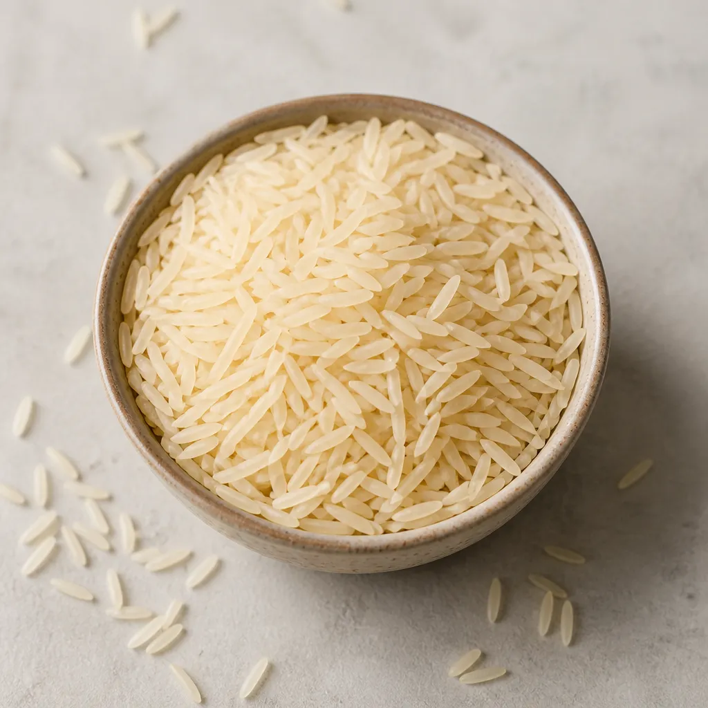 Uncooked basmati rice grains in a bowl