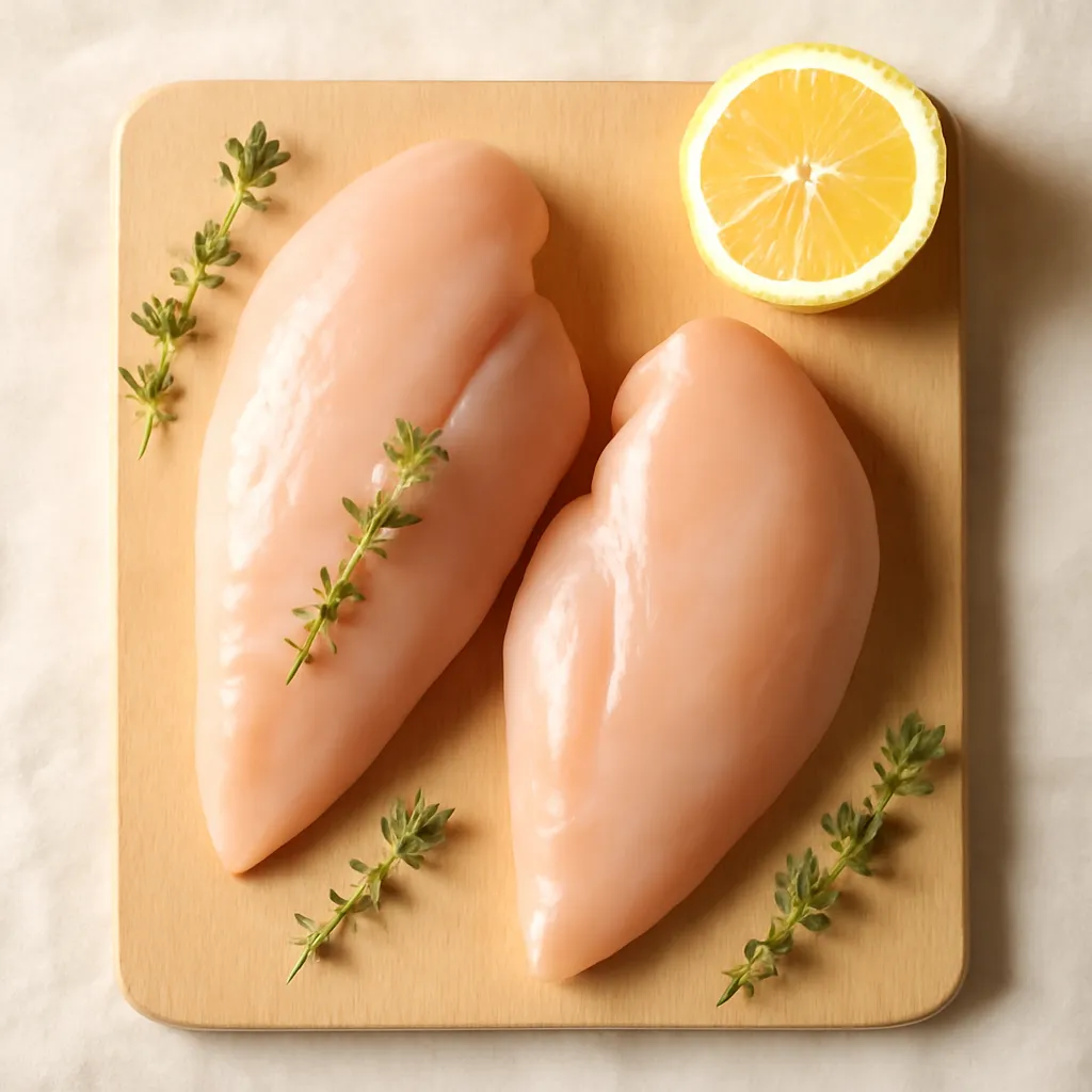 Fresh raw chicken breast fillets on a wooden board with thyme and lemon
