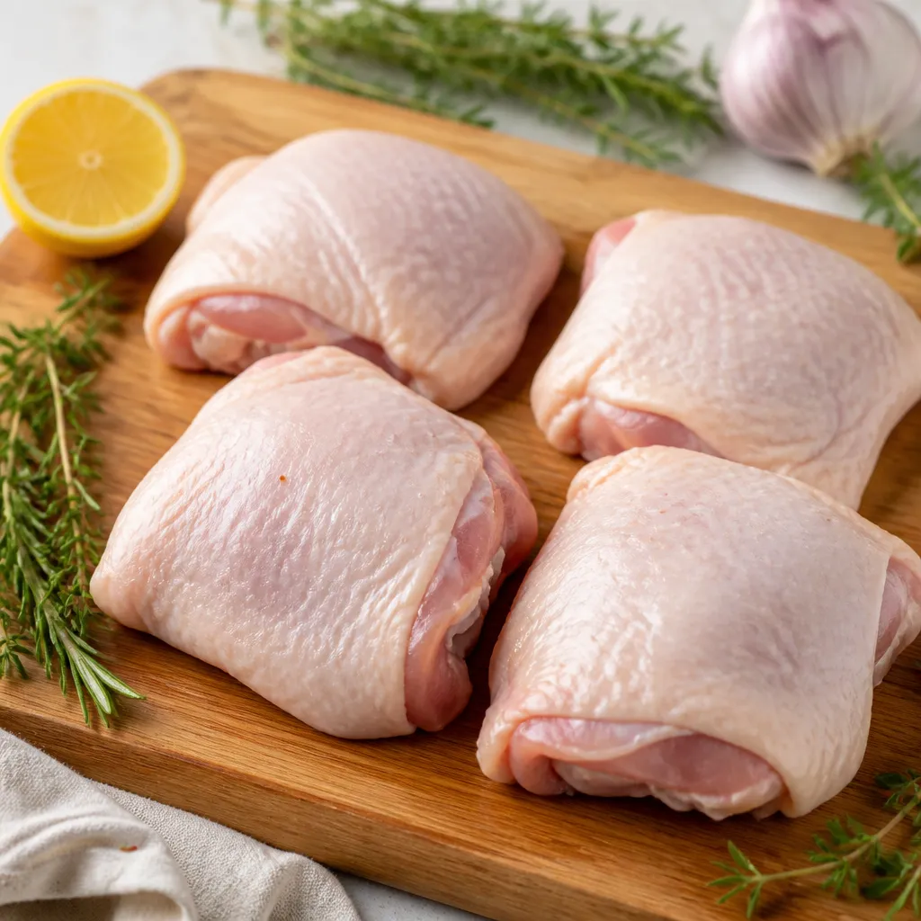 Raw chicken thighs on a board with herbs and lemon