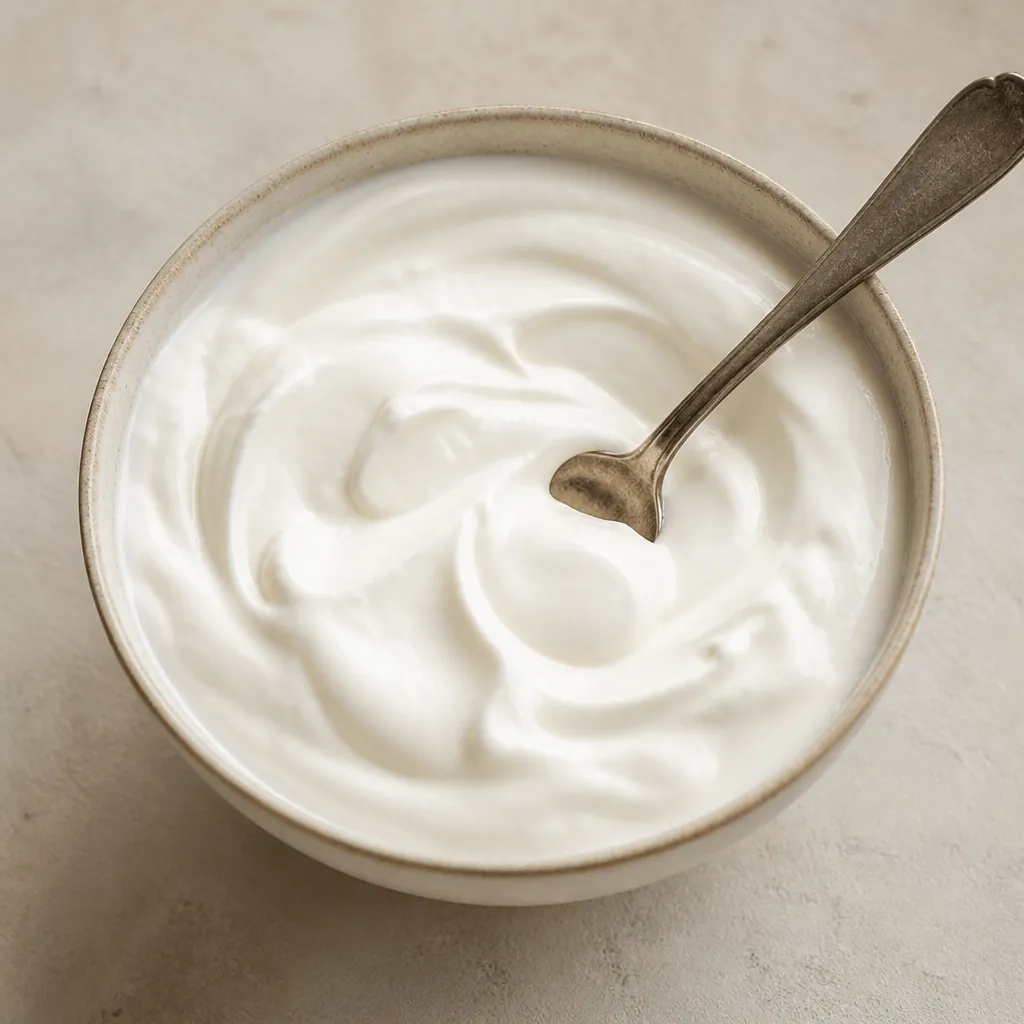 A bowl of thick Greek yogurt with a spoon