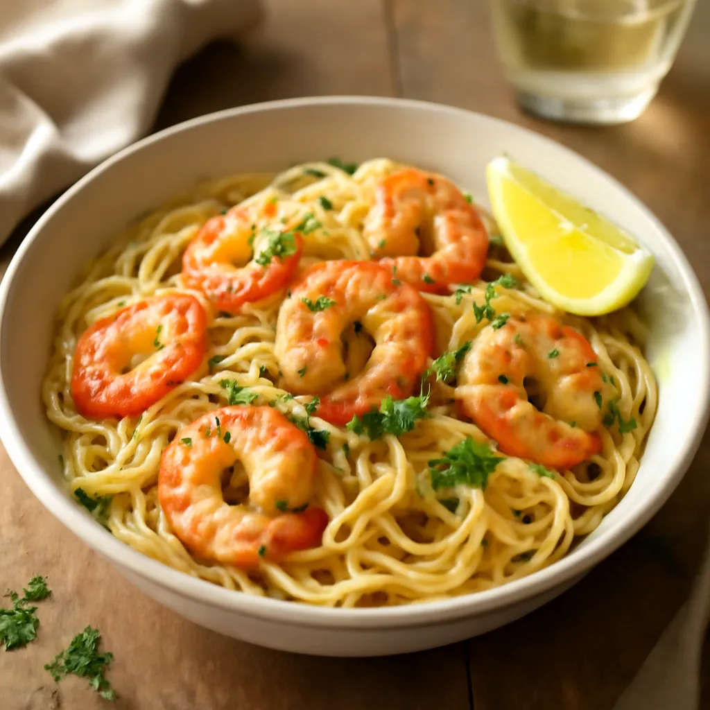 Bowl of garlic prawn spaghetti with pink prawns, chilli flakes, parsley and a lemon wedge