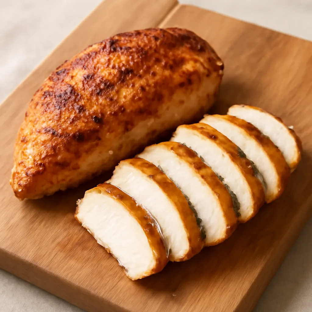 Golden seasoned air fryer chicken breast sliced on a board