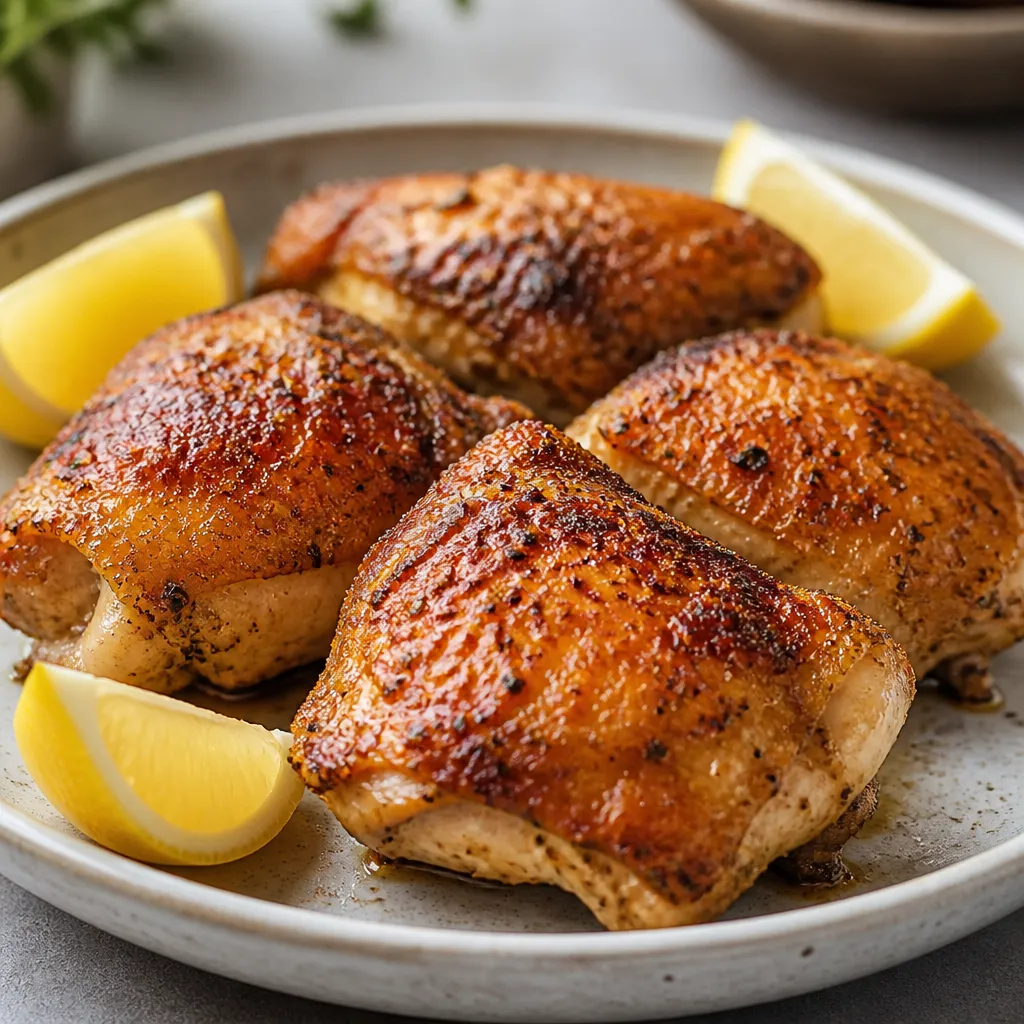 Crispy golden air fryer chicken thighs on a plate with lemon wedges