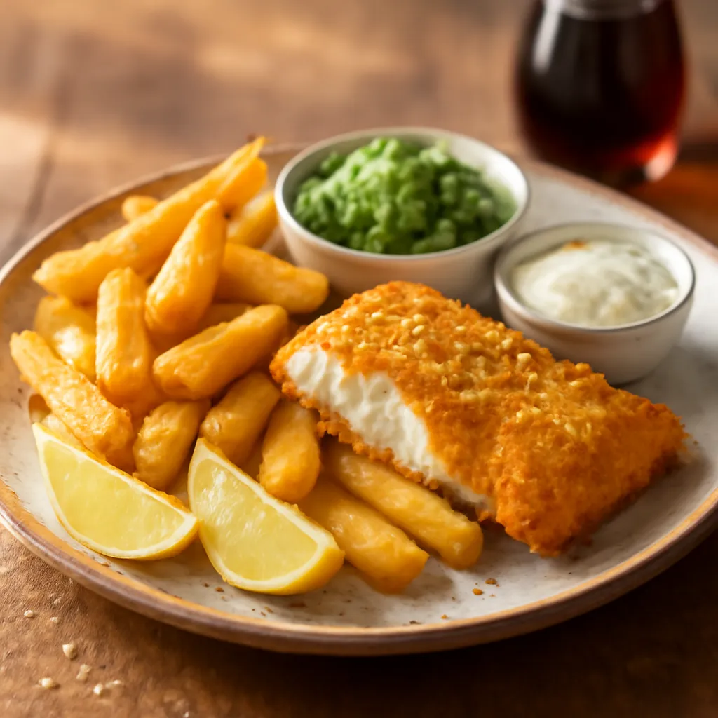 Crispy air fryer panko-crumbed fish with chunky chips, mushy peas, tartare sauce and lemon wedges on a rustic plate.